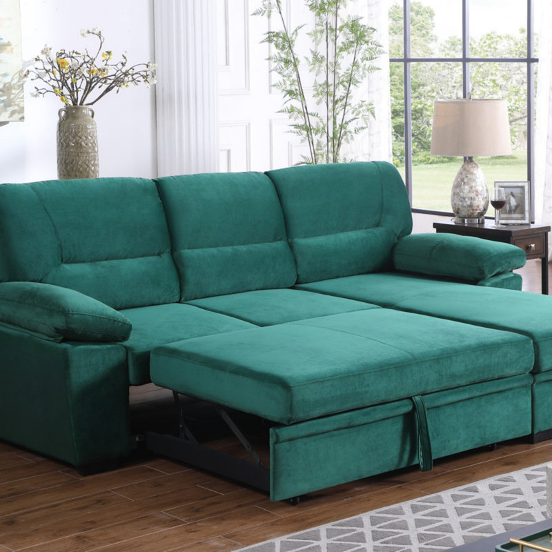  Reversible Sleeper Sectional Sofa Chaise, Green Velvet