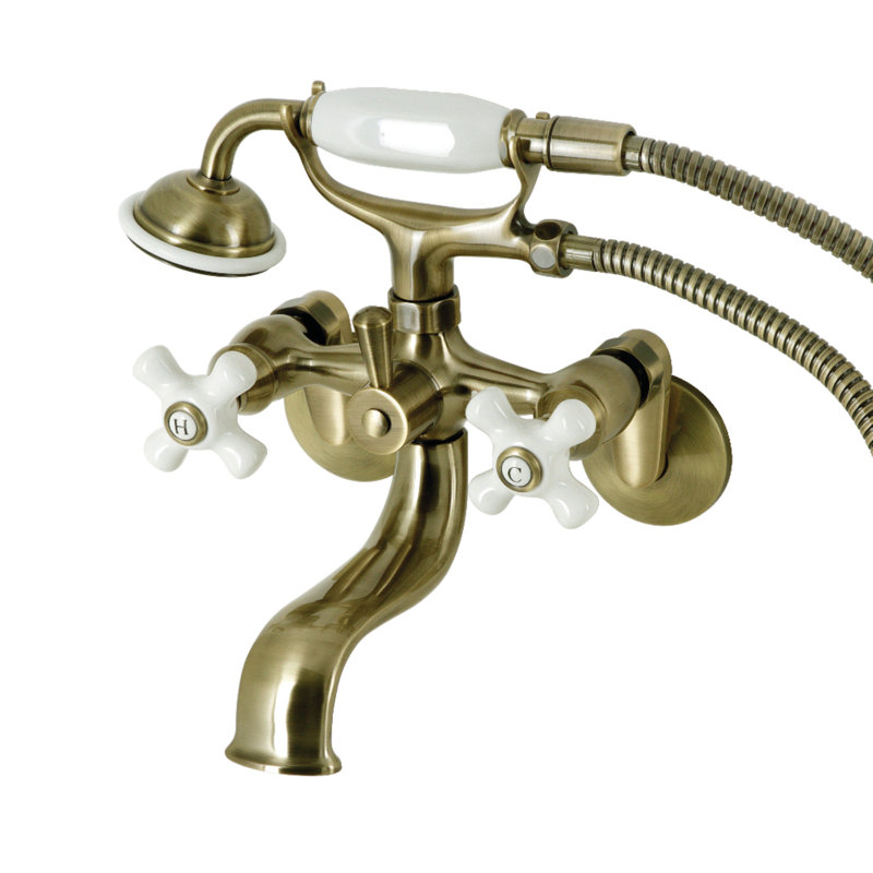 Kingston Brass Kingston Three-Handle 2-Hole Wall Mount Clawfoot Tub Faucet with Hand Shower, Antique Brass