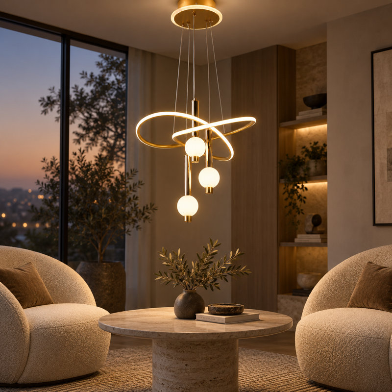 Lustre moderne doré à 3 lumières DEL avec boucle en acrylique, hauteur réglable et éclairage 3 couleurs
