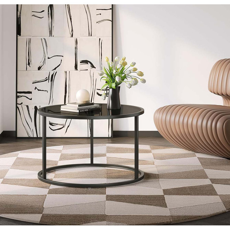 Black Round Glass Coffee Table with Tempered Glass Top