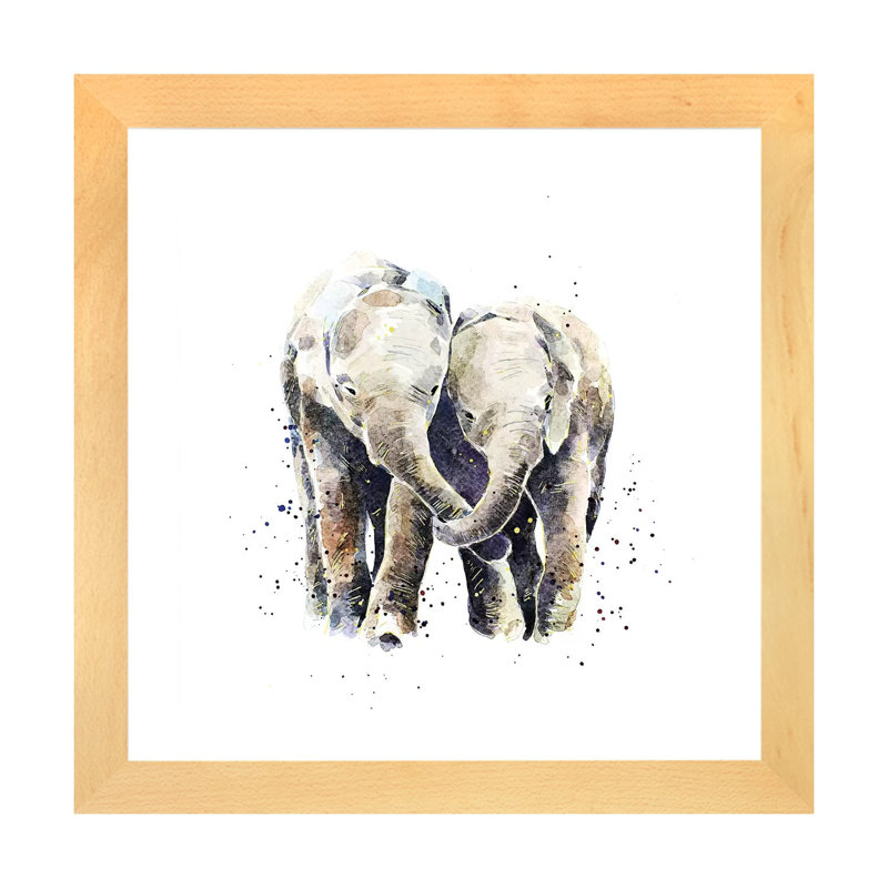 Deux éléphants par EdsWatercolours - impression, H 24 po x l 24 po x p 1 po, Toile avec cadre en bois beige, Blanc