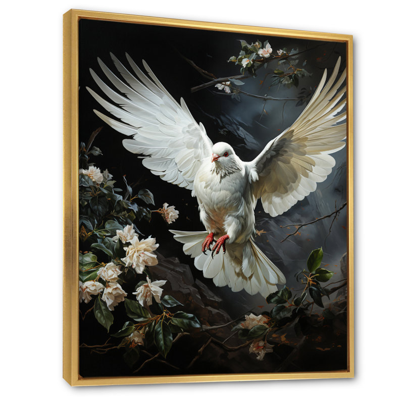 «White Dove Messenger» - art mural colombe, H 44 po x l 34 po x P 1,5 po, Cadre flottant doré