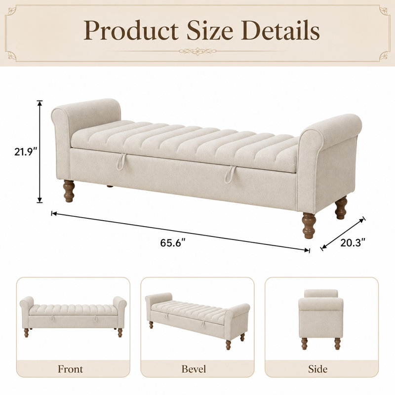Wide Modern Upholstered Storage Bench with Soft Napped Fabric Upholstery, Bed End Foot Stool with Comfortable Rolled Armrest, Multi-Functional Bench Daybed with Durable Rubberwood Legs