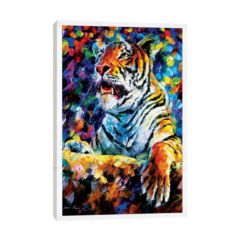 Tiger by Leonid Afremov - Painting on Canvas, White Framed Canvas, 66.04 cm H x 45.72 cm W x 3.175 cm D