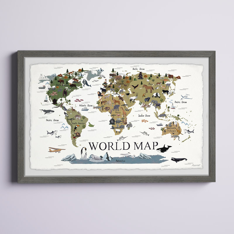«Bloch World Map of Animals», reproduction encadrée, H 24 po x l 36 po x P 1,5 po