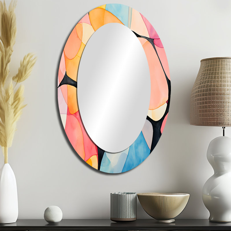 Carrelage géométrique aux couleurs douces IV - Grand miroir mural ovale sur métal, H 36 po x l 24 po