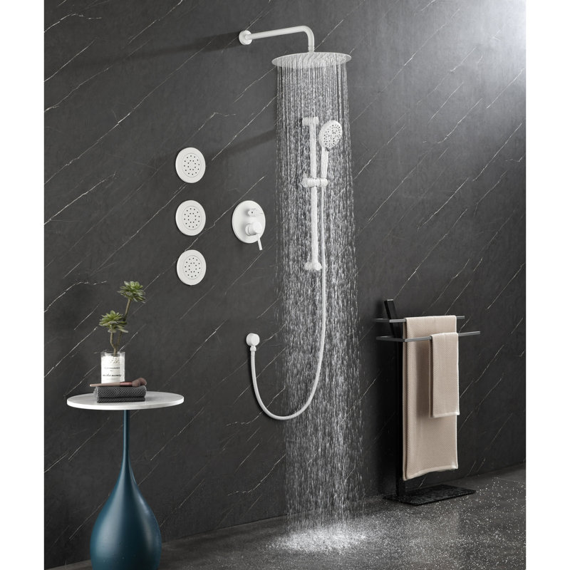Shower System: White Brass Wall Mount With Head, Hand Shower, Slide Bar, Body Spray Collection System Bar And Bodysprays - Mounted Version Option