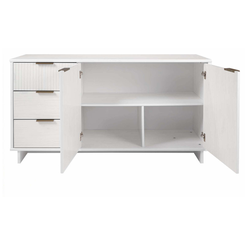 Buffet en bois massif moderne de 55 po avec 3 tiroirs et 3 tablettes Granville, Blanc