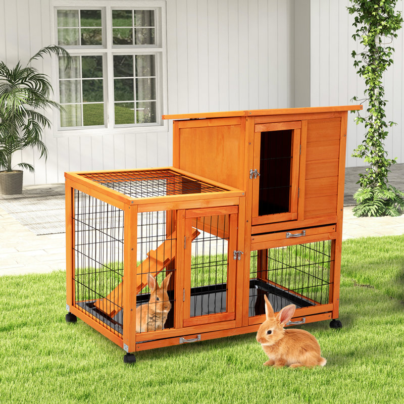 Lapin orange avec espace de détente - plateaux amovibles et pratiques amovibles, toit imperméable, nid de jeu, grand espace pour animaux de compagnie, 4 roulettes