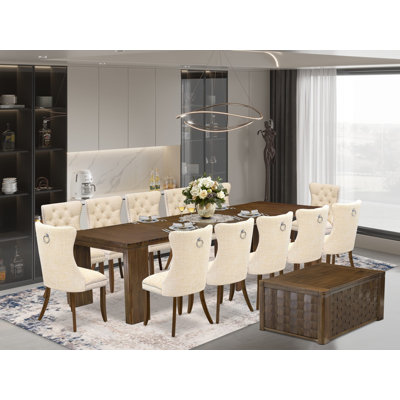 14 Pieces Extendable Dining Set Includes a Rectangle Kitchen Table, 1 Coffee Table and 12 Light Beige Polyester fabric Dining Chairs, Antique Walnut