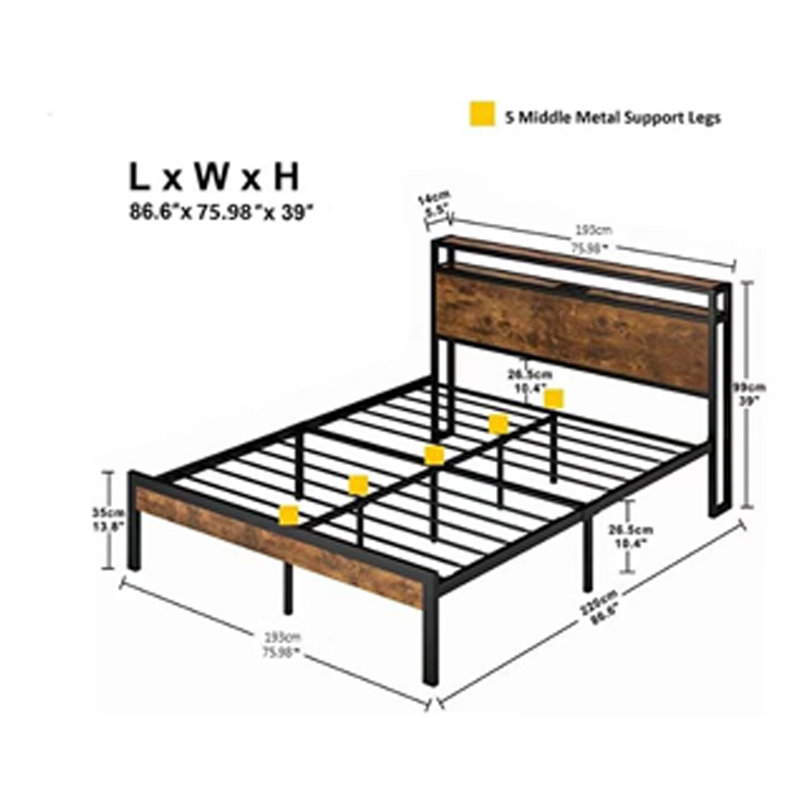 Metal Platform Bed Frame with Wooden Headboard , No Box Spring Needed, Easy Assemble, King, Black/Brown