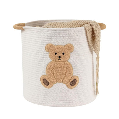 Grands paniers à couvertures pour le salon, panier de rangement de paniers pour ours en peluche, panier en corde de coton tissé pour enfants de 14 po x 14 po, panier à vêtements avec organisateur pour jouets avec broderie, décoration de chambre de bébé ours en peluche