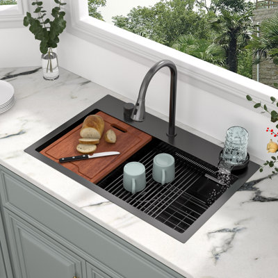 Évier de cuisine à simple cuve en acier inoxydable avec robinet rétractable et lave-verres Waterfall