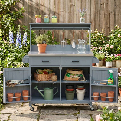 Rowan Outdoor Fir Wood Kitchen Island Cart with Stainless Steel Top, High Shelf, Storage Cabinets and Wheels