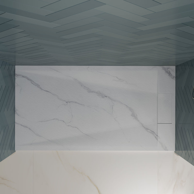 Receveur de douche rectangulaire extra-plat OVE Lenora 152,4 cm x 81,3 cm avec bonde latérale dissimulée, blanc Carrara