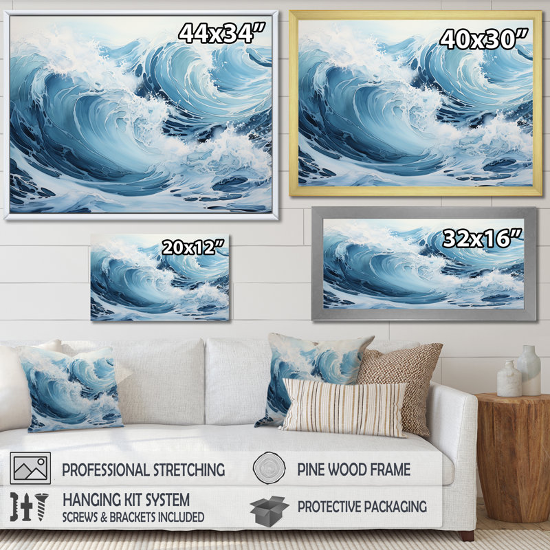 Minimalisme océan tempête sur toile, Cadre doré simple, H 24 po x l 32 po x P 1 po