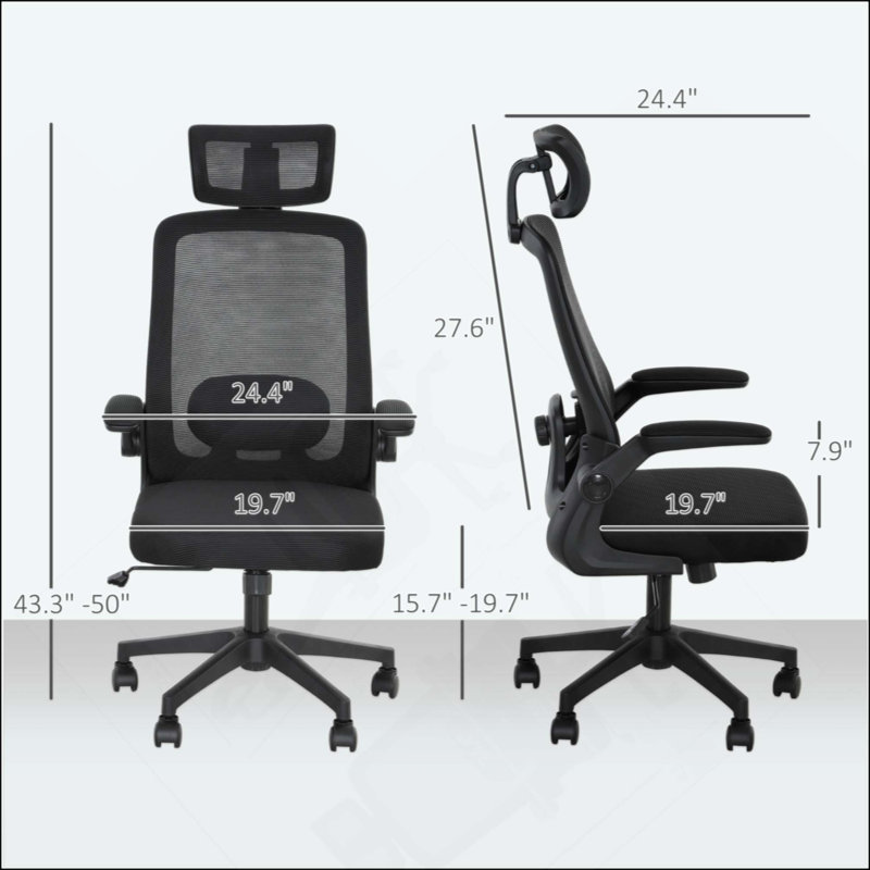 Chaise de bureau en filet, chaise de bureau avec accoudoirs rabattables, appui-tête rotatif, support lombaire réglable