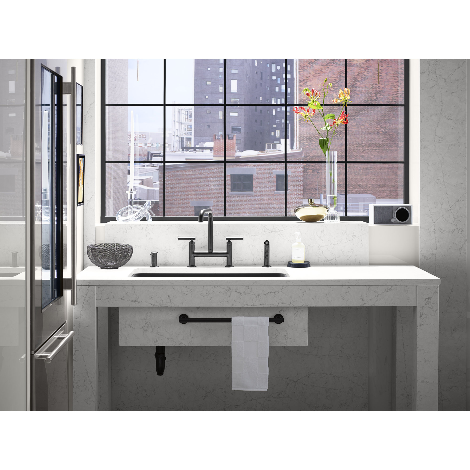 Kohler Purist Two Handle Deck-Mounted Bridge Kitchen Sink Faucet with Pull Out Side Sprayer, Matte Black