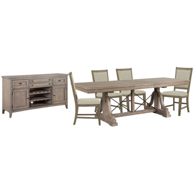 Extendable Trestle Dining Table With 4 Step Upholstered Side Chairs And Buffet