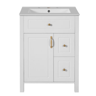 Meuble-lavabo de salle de bain avec lavabo, 1 porte à fermeture en douceur, 2 tiroirs à fermeture en douceur et 2 supports de rangement sur la porte