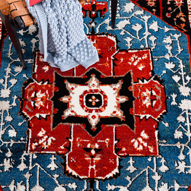 Tapis rétro rouge / bleu Hamadan 259, Rectangle 2 pi 7 po x 5 pi
