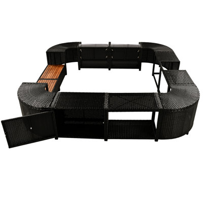 Et acier avec mini, rangement, housses de siège grises - sièges en bois entourant le spa extérieur, amplement de rangement,