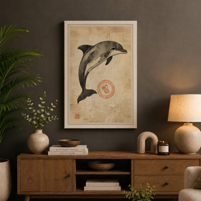 Dolphin with Red Seal Japandi - Wrapped Canvas