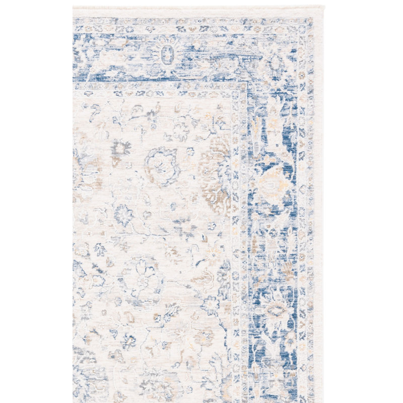 Tapis rectangulaire ivoire / bleu en polyester tissé à la machine Deha, Rectangle 8 pi x 10 pi