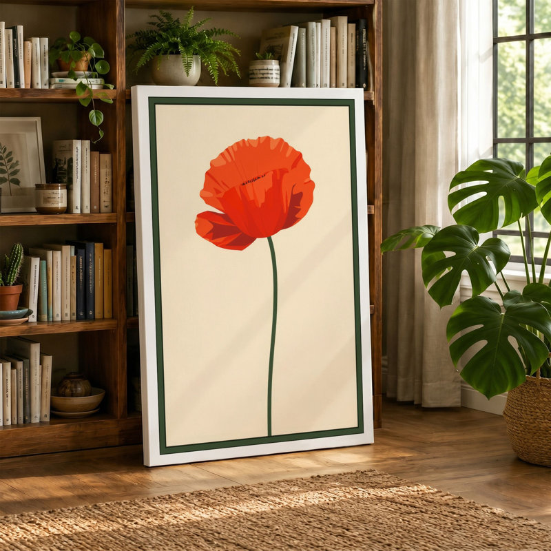 Single Red Poppy Botanical - Wrapped Canvas, 18x12 - 45.7 x 30.5 cm, White Border