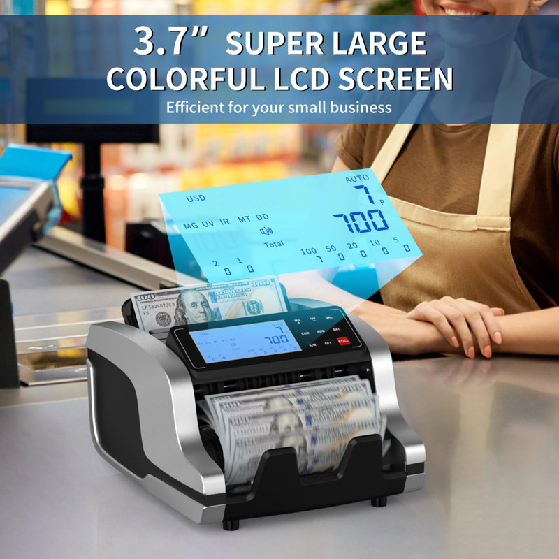 Money Counter Machine With Value Count, UV/MG/IR/MT/DD Counterfeit Bill Detection, Dollar Euro Cash Counter With Count/Add/Batch/Auto Modes, External LCD Display