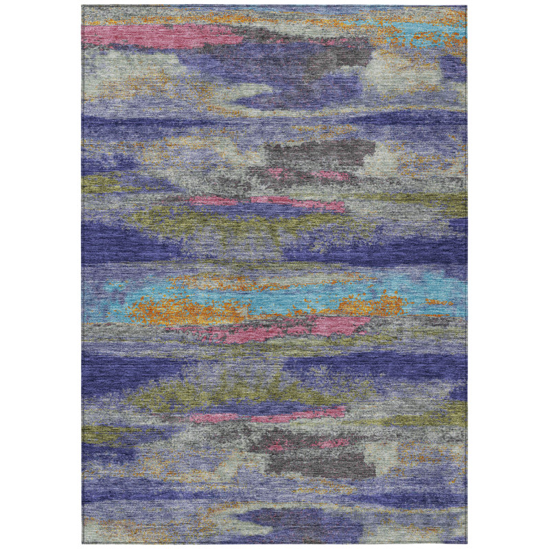 Tapis d'extérieur lavable rose et bleu abstrait 3 pi x 5 pi lavande