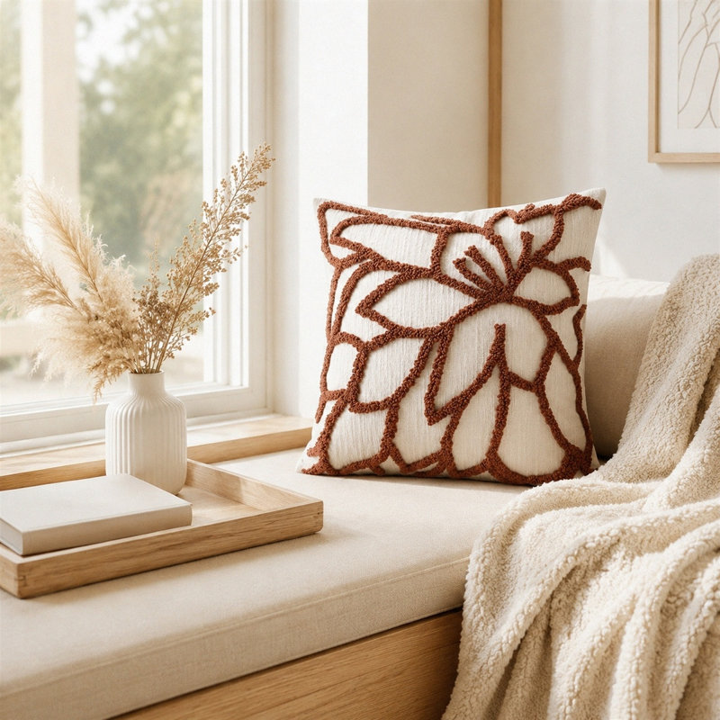 Housses de coussin décoratif en chenille 18 x 18 po, motif floral touffeté, Brown