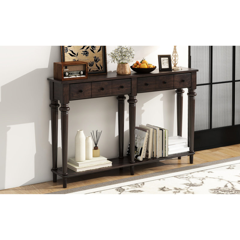 Console en couleur. Style rétro avec placage de pin rustique. 4 tiroirs et une tablette ouverte pour l'organisation. Structure en pin. Convient aux couloirs. Assemblage inclus et tablette. , En bois. 220 lb