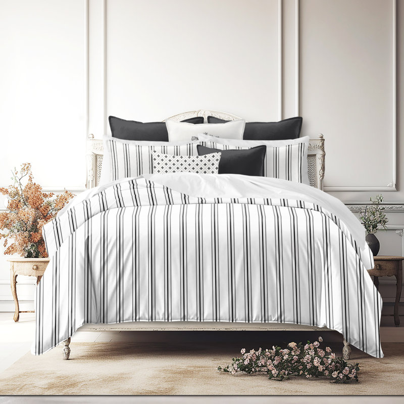August Stripe Reversible Cotton Duvet Cover Set, Cal.King Duvet Cover + 2 King Shams, Ebony