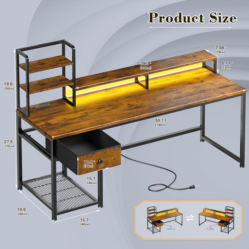 Bureau d'ordinateur en bois manufacturé avec lumières DEL et prises de courant, Brun / Noir, H 48 po x l 55 po x P 20 po