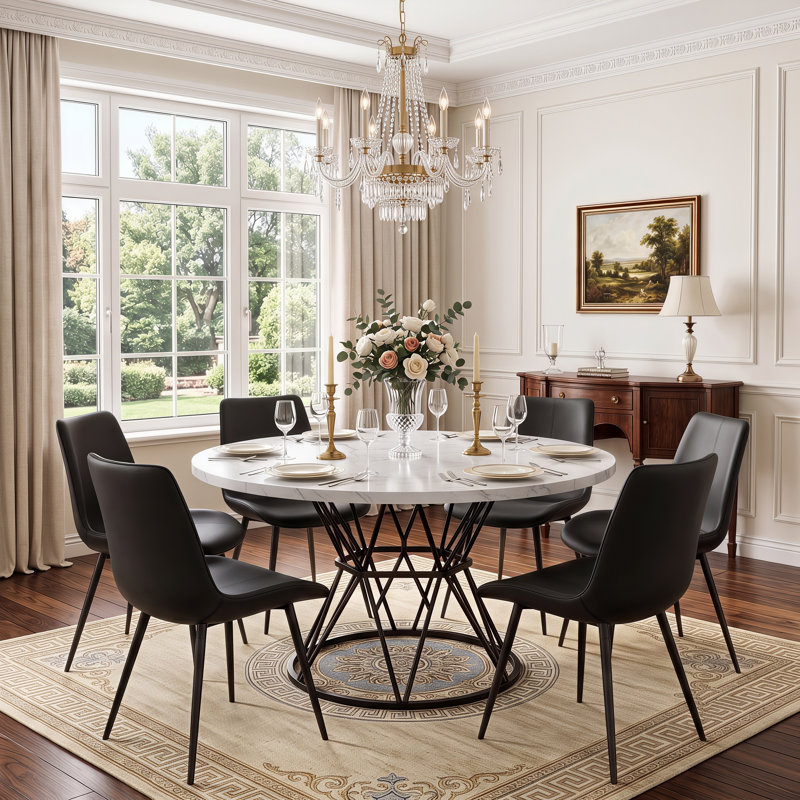 Ensemble de table de salle à manger 7 pièces 47,3 po avec chaises en similicuir, 7 Pieces: Table, 6 Chairs, White, Black