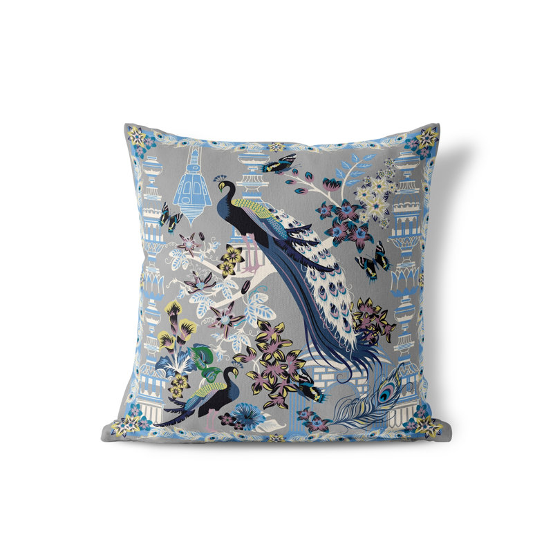 Housse de coussin intérieur / extérieur en polyester Peacock Paradise, 26 po x 26 po, Gris / Bleu clair
