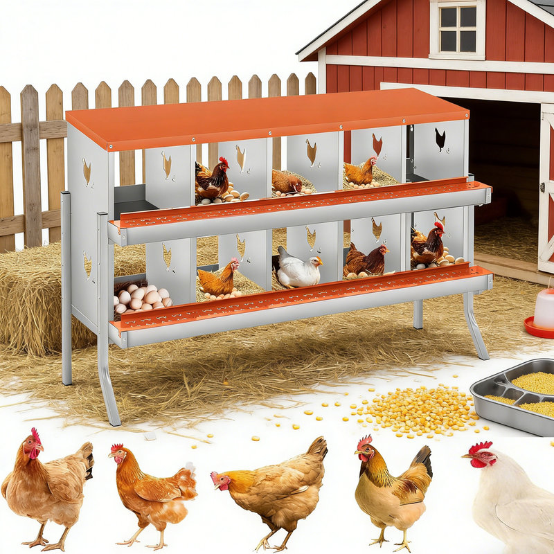 Boîtes de nidification de poulet avec pattes de support, boîte à œufs de poule en métal à deux niveaux avec 10 compartiments grands trous ventilés pour la collection d'œufs, orange
