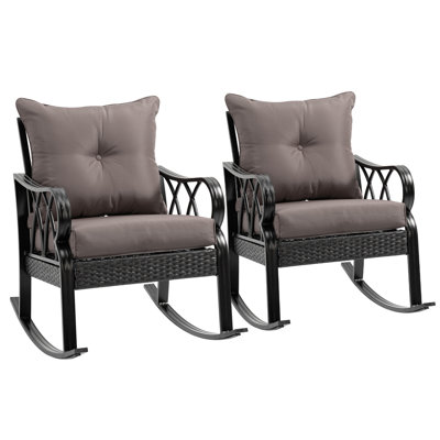 2 Piece Outdoor Wicker Rocking Chairs with Cushions, Gray