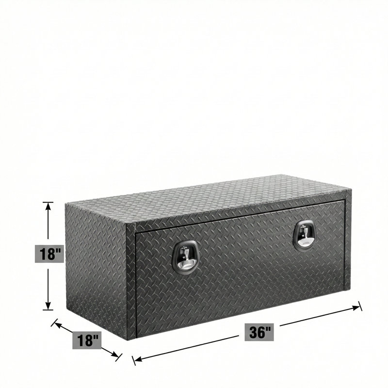 Boîte de rangement robuste pour outils en aluminium, d'une longueur de 48 pouces, conçue pour être installée sous le lit; Le coffre d'organisation sécuritaire comprend une serrure et des clés, une fabrication résistante aux intempéries, une texture de plaque de diamant très épaisse, une finition noir mat