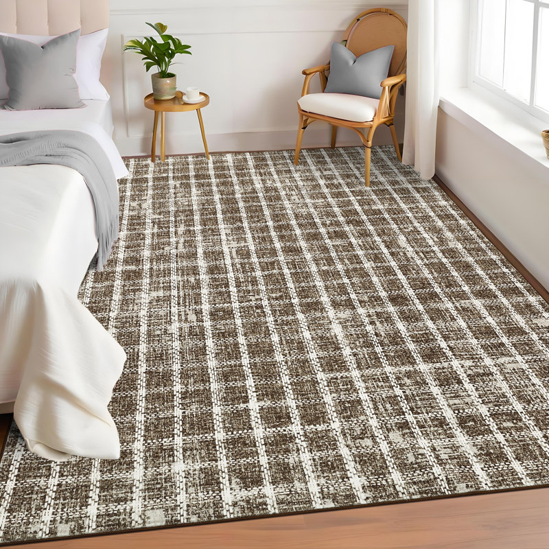 Machine Washable Rug Modern Plaid Rug Soft Area Rug Non Slip Soft Thin Rug Low Pile Foldable Rug for Living Room, Bedroom, Dining Room