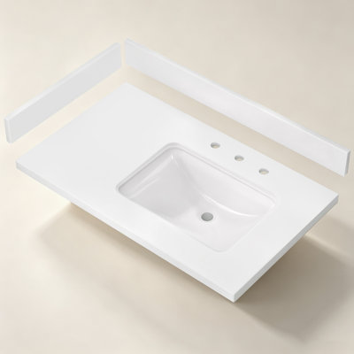 36'' W x 22'' D Engineered Stone Pure White Vanity Top Single Sink Right Drain Bathroom Countertop Rectangular Undermount Ceramic Sink with 4 in. H Backsplash & Sidesplash