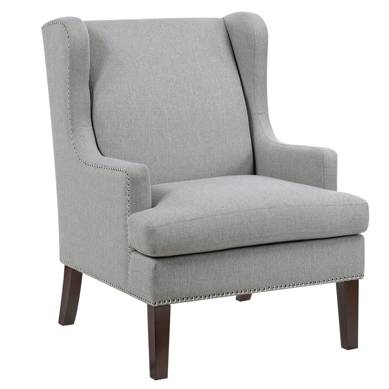 Fauteuil à oreilles Rossana, polyester, bois, tête de clou, Gris