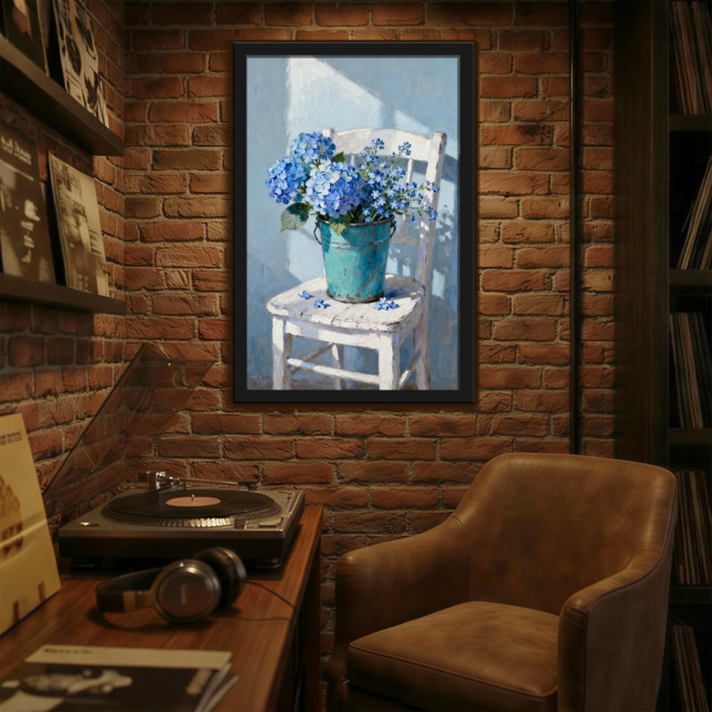 Plantes et fleurs Fleurs bleues dans un seau rustique sur une chaise