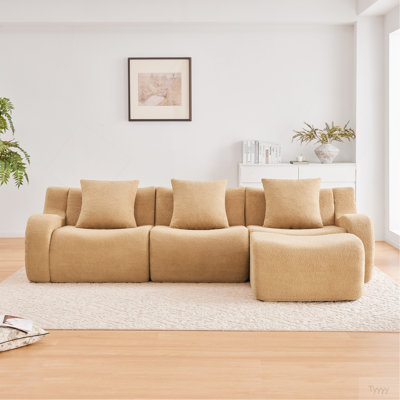 Boneless Sofa,3 Seat High-Quality Teddy Fabric,Anti-Slip Design,No Assembly Curved Armrests Streamlined Design,Assembly Chaise 32D High Density Sponge For Living Rooms Bedrooms,Camel