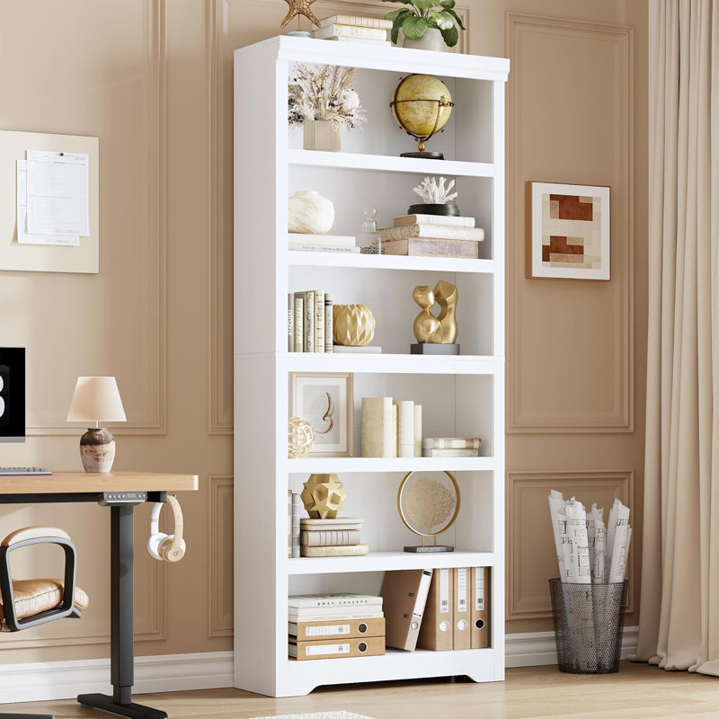 75"6-Tier Farmhouse Bookcase with Adjustable Shelves, Open Display Storage Bookshelf for Home Office, Living Room, Study or Balcony