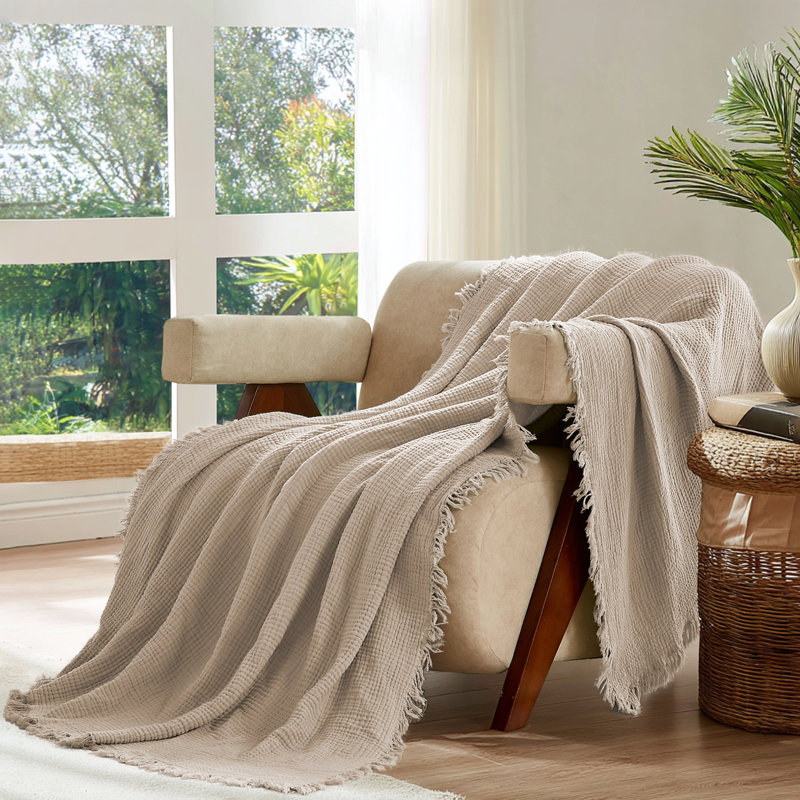 280gsm 100% Cotton Muslin Blanket, Soft 4-Layer Gauze, Lightweight & Breathable, Throw（60”×50“）, Light Tan