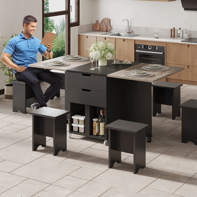 Chelia 7 - Piece Folding Extendable Dining Table Set With 6 Chairs, Grey