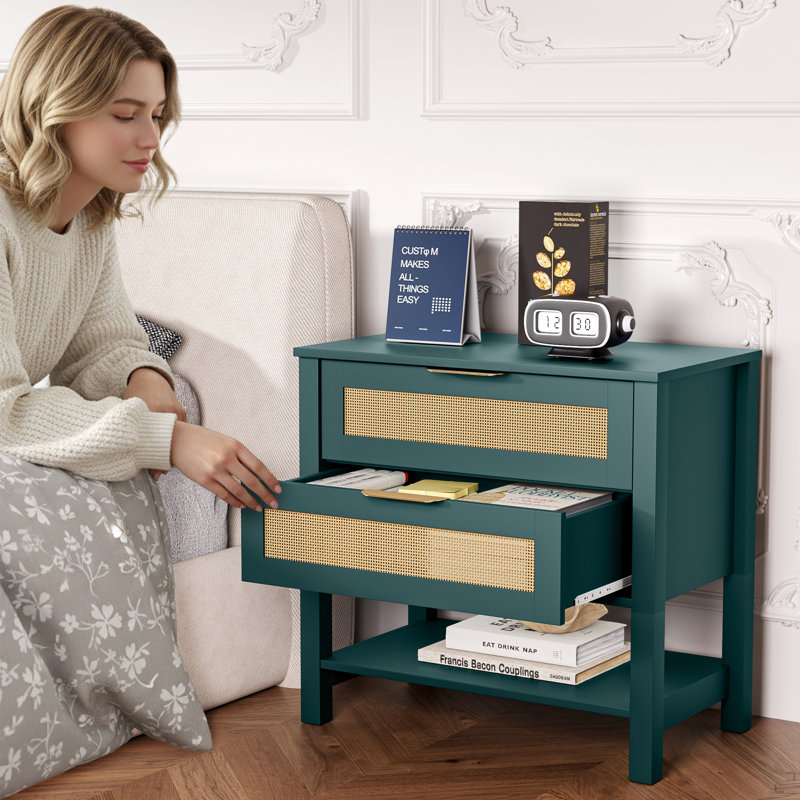 Table de chevet étroite en rotin avec 2 tiroirs et tablette de rangement Boho, Green