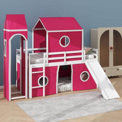 Lit mezzanine simple avec tente et tour rose Slide